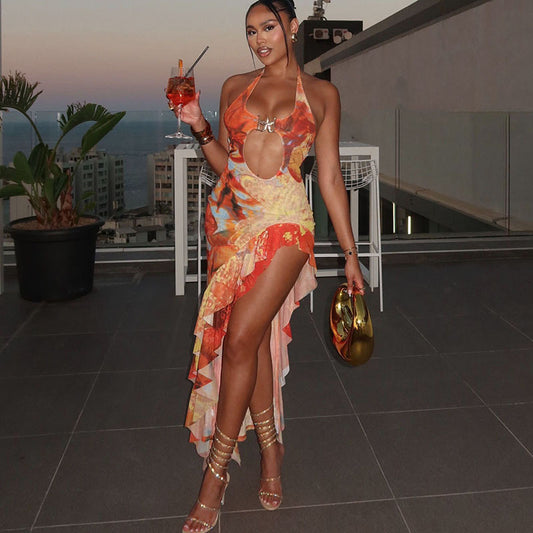 Hanging Neck Backless Ruffle Edge Dress