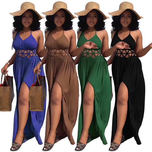 High Waisted Backless Lace Up Slit Dress