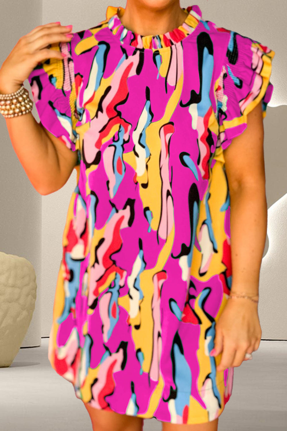 Ruffled Printed Cap Sleeve Mini Dress - MONLANE