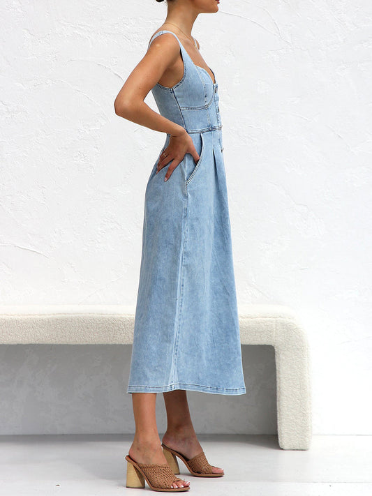 Sweetheart Neck Wide Strap Denim Dress - MONLANE