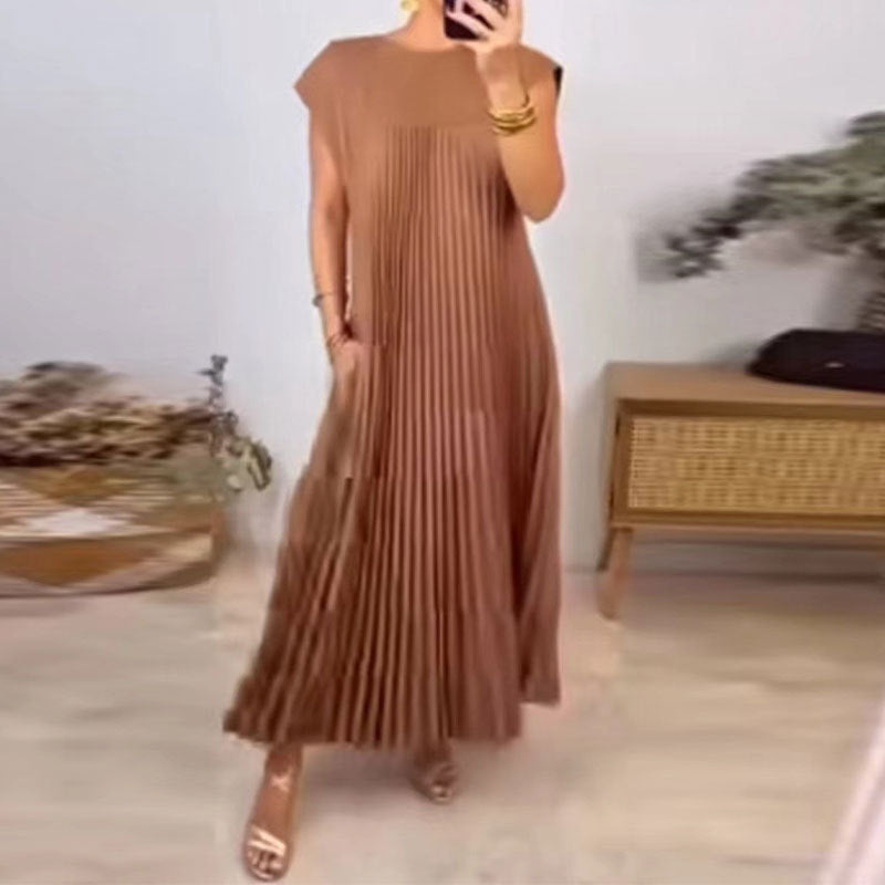 Round neck pleated long dress