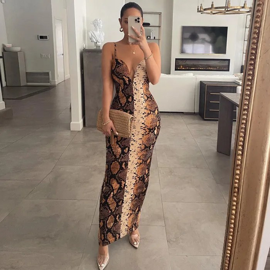 Snake Print Slit Maxi Dress