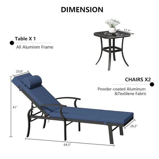 3 Pieces Patio Chaise Lounger