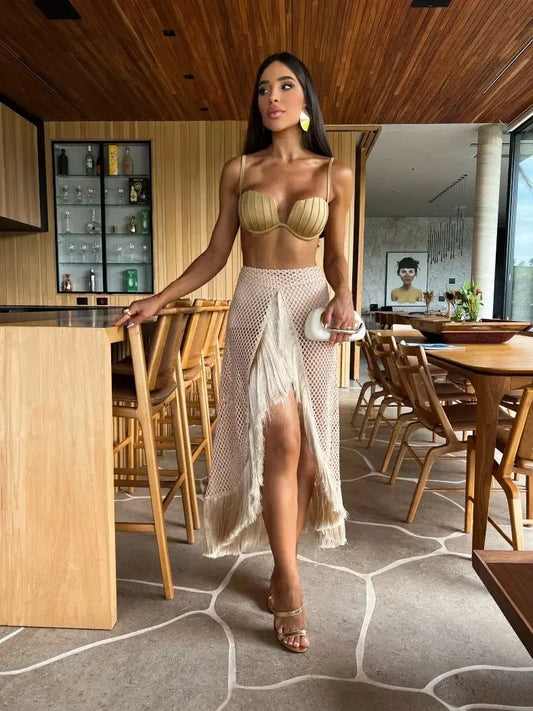 Sexy 3 Pcs Tassel Skirt Bikini Set