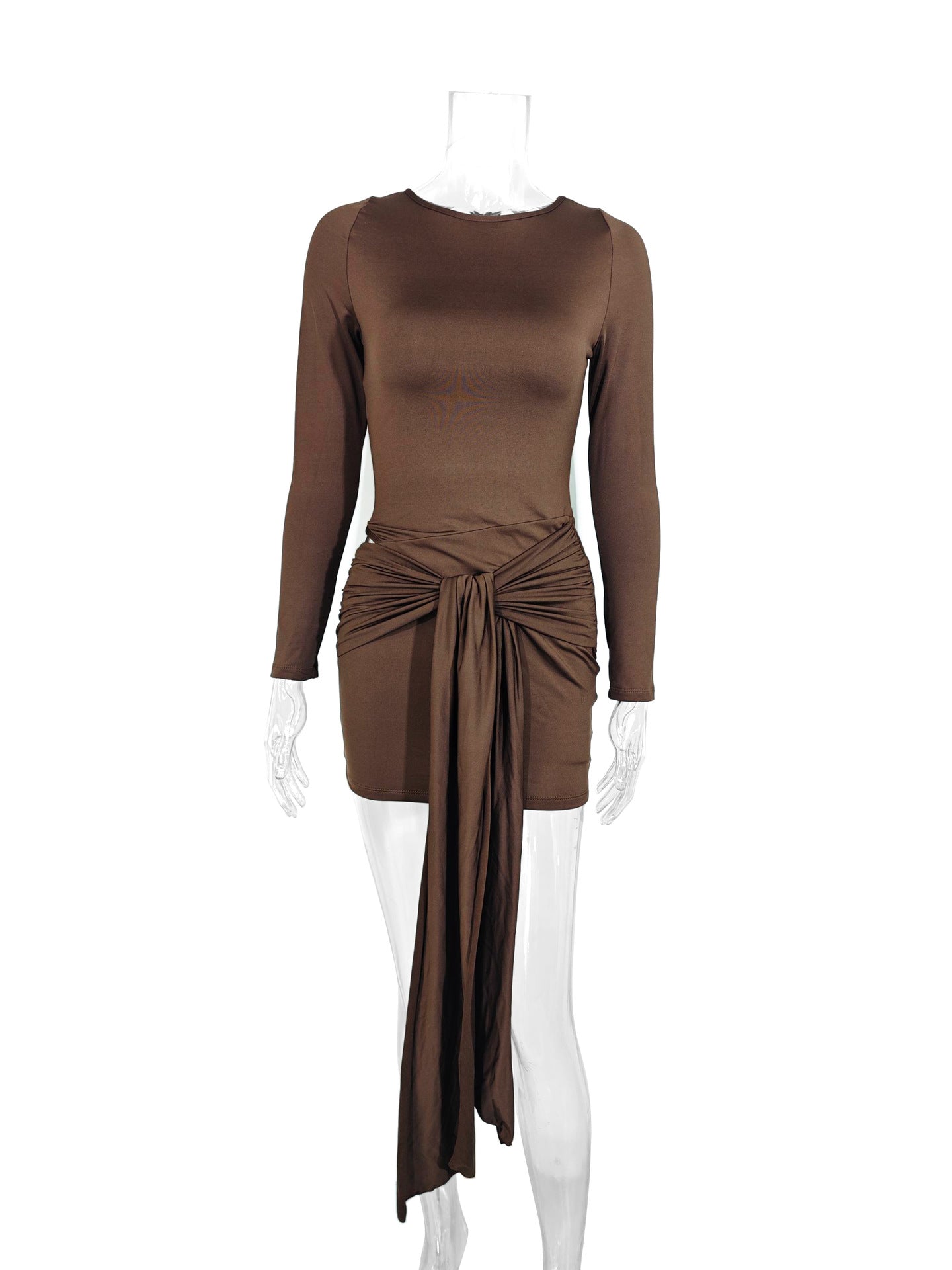 Round-neck tie-up cut-out bodycon skirt