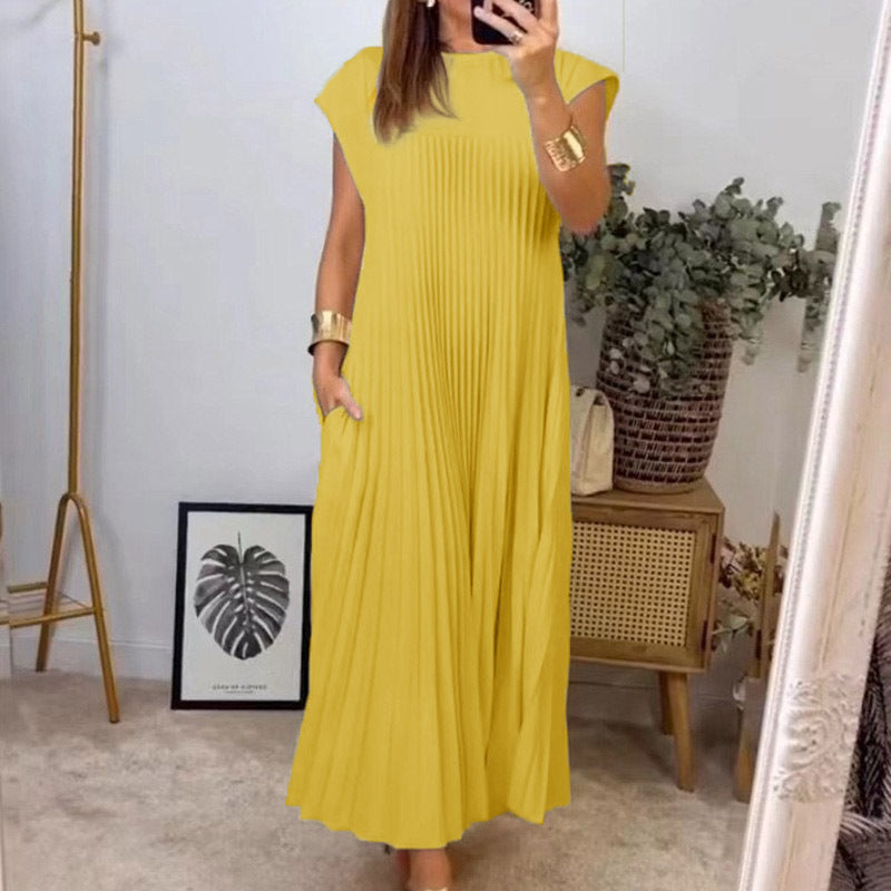 Round neck pleated long dress