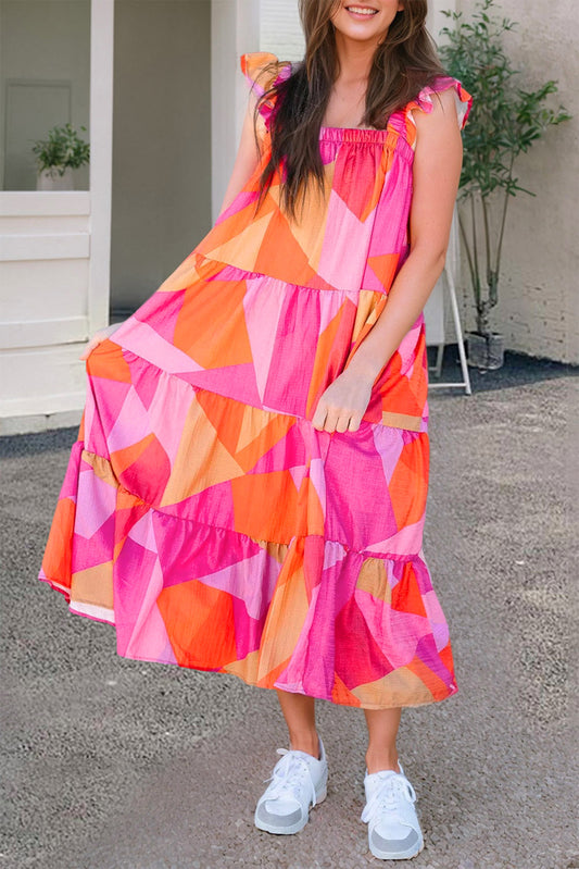 Ruffled Printed Sleeveless Midi Dress - MONLANE