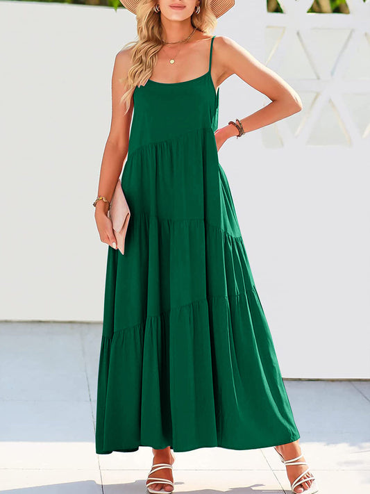 Full Size Ruched Tiered Spaghetti Strap Dress - MONLANE