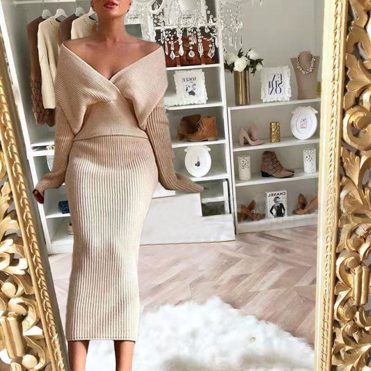 Long sleeved V-neck Sweater Skirt Set