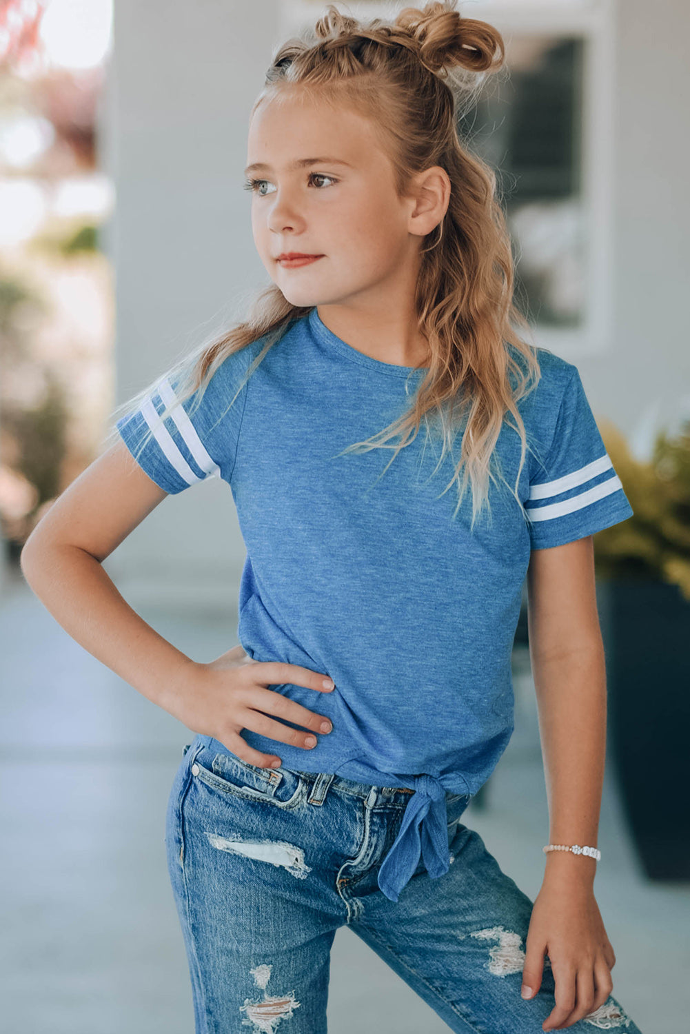 Girls Striped Tie Front T-Shirt - MONLANE