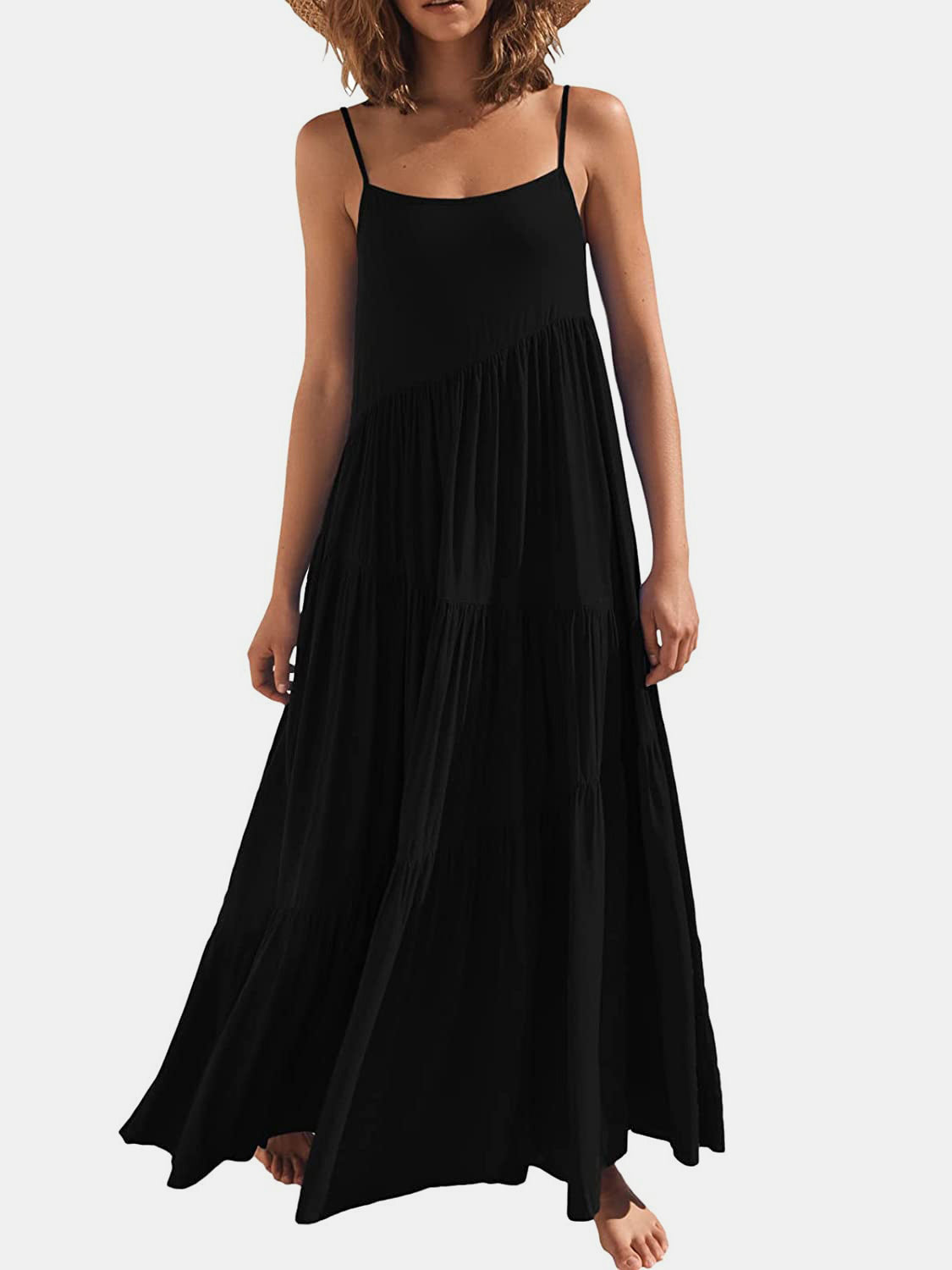 Full Size Ruched Tiered Spaghetti Strap Dress - MONLANE