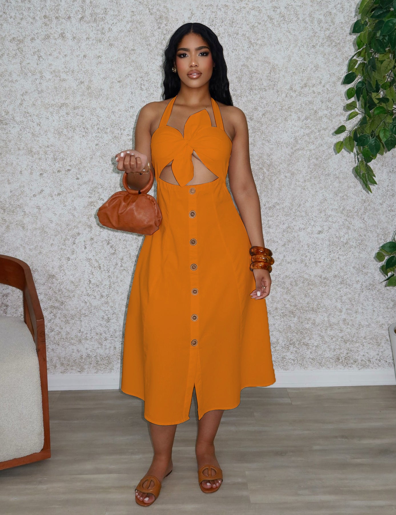Twisted Drawstring Neck Strap Dress