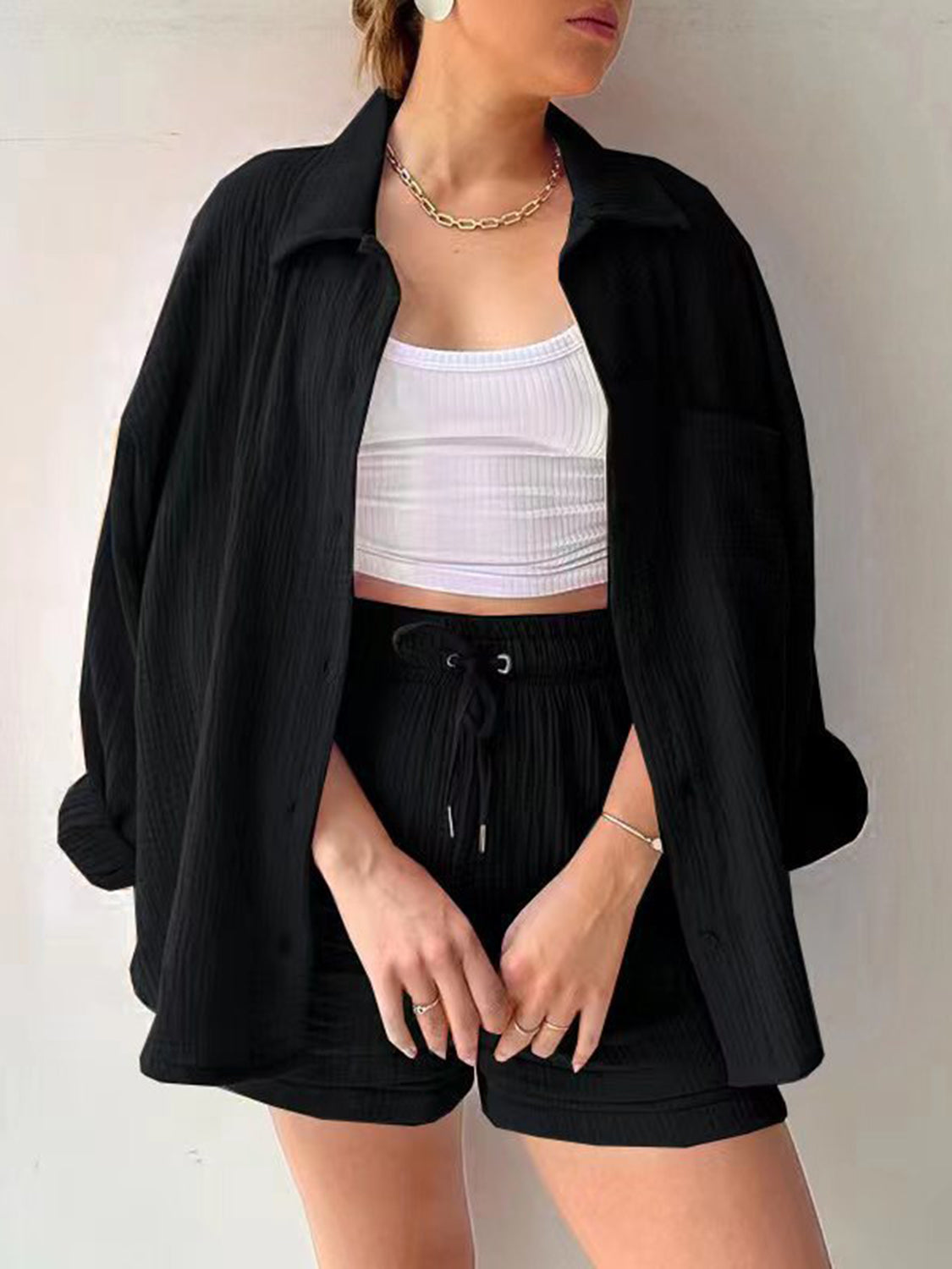 Texture Button Up Shirt and Drawstring Shorts Set - MONLANE