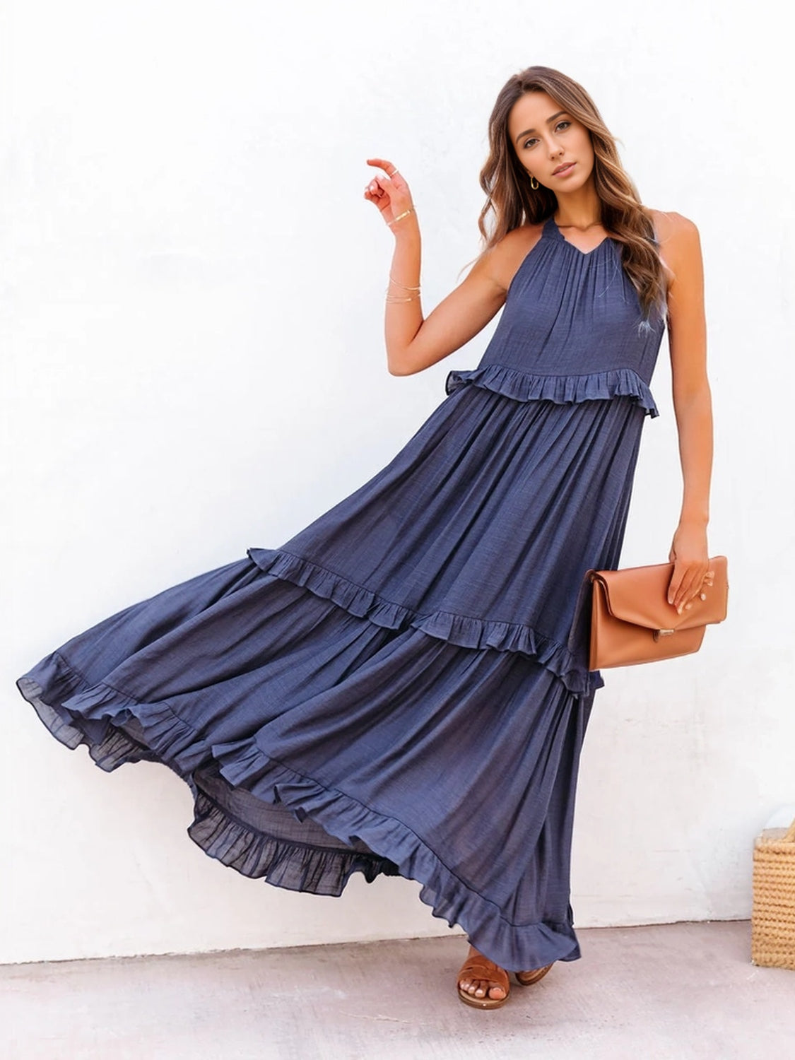Ruffled Sleeveless Tiered Maxi Dress with Pockets - MONLANE