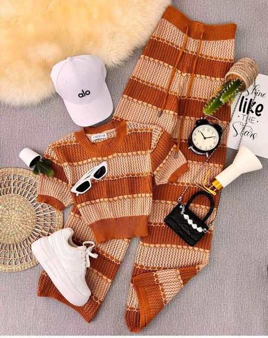 Color Blocking Knitted Striped Set