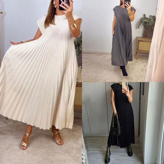 Round neck pleated long dress
