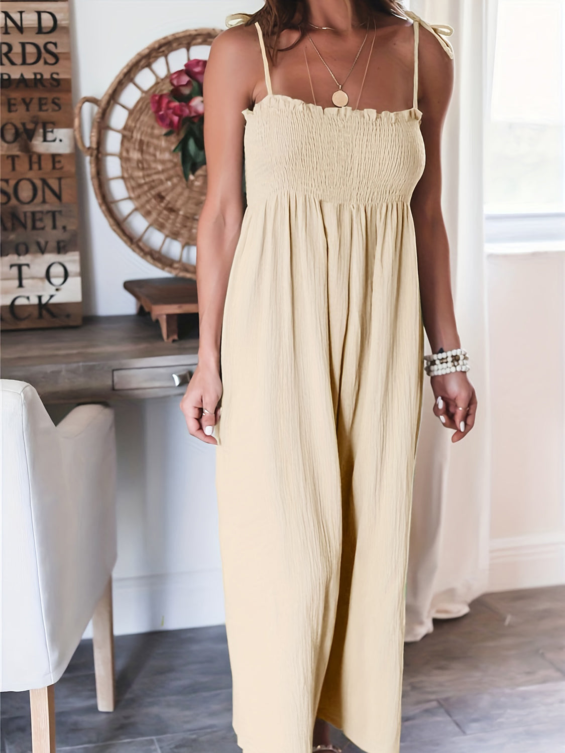 Smocked Spaghetti Strap Wide Leg Jumpsuit - MONLANE
