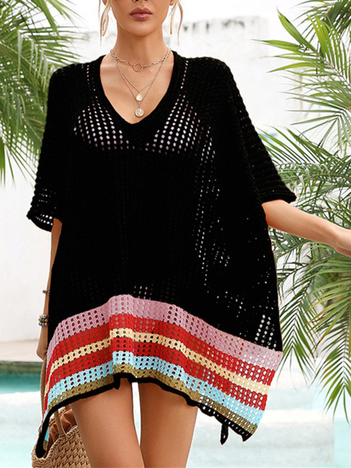 Slit Openwork V-Neck Half Sleeve Cover-Up - MONLANE