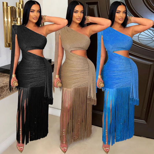 Asymmetric One Shoulder Tassel Long Skirt