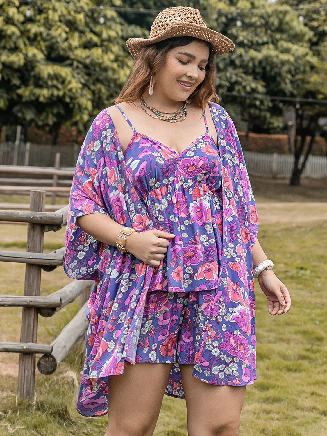 Plus Size Printed Cami, Open Front Cover Up and Shorts Set - MONLANE