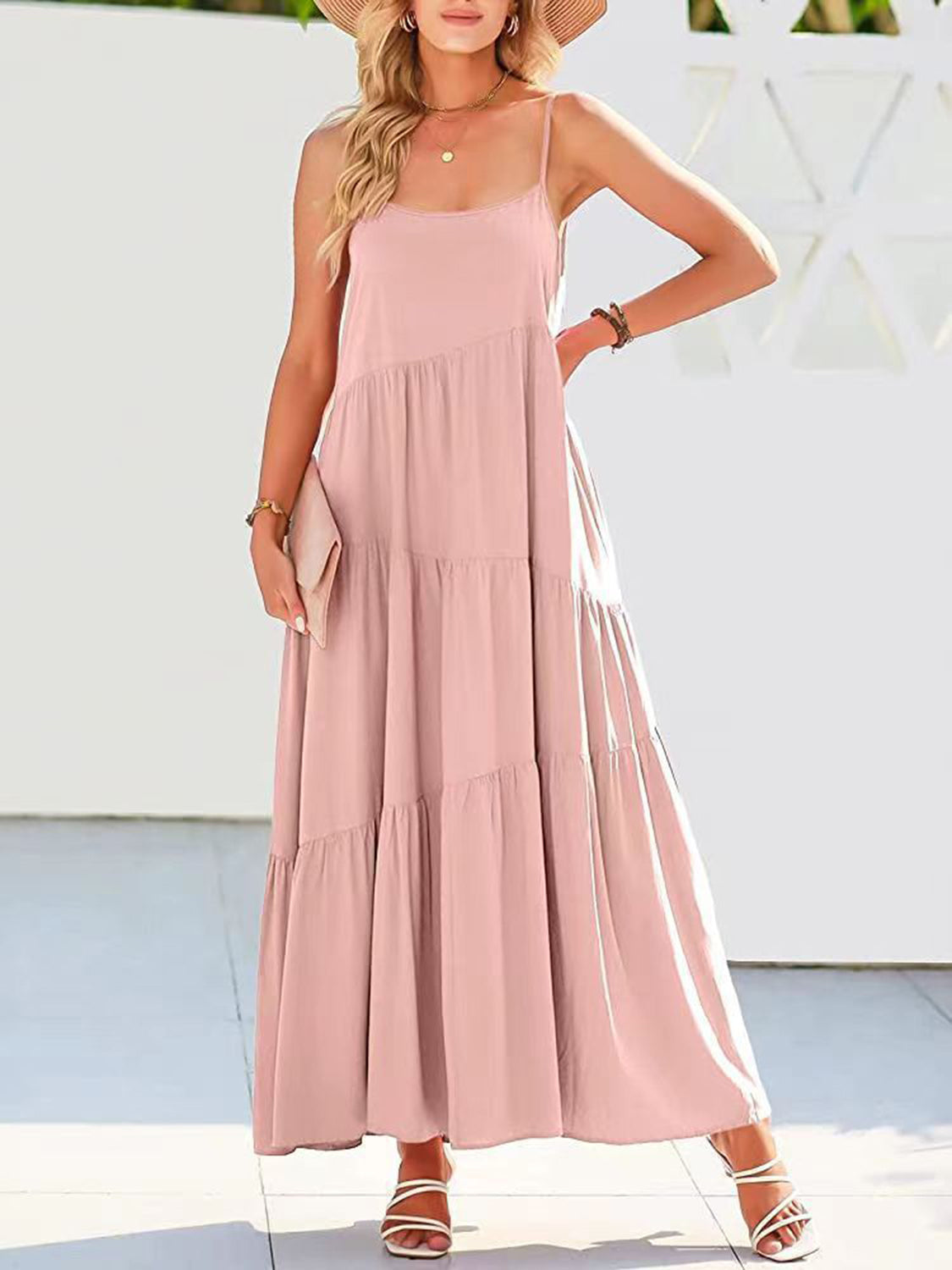Full Size Ruched Tiered Spaghetti Strap Dress - MONLANE