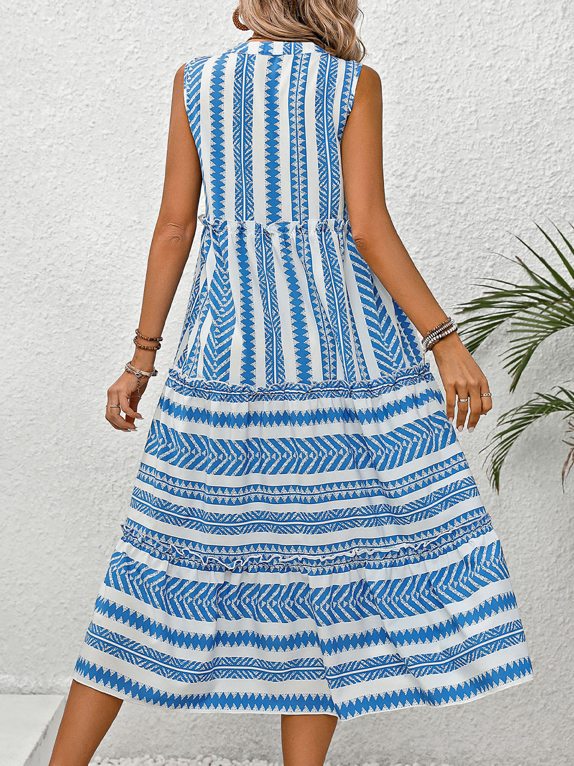 Frill Printed Notched Sleeveless Dress - MONLANE