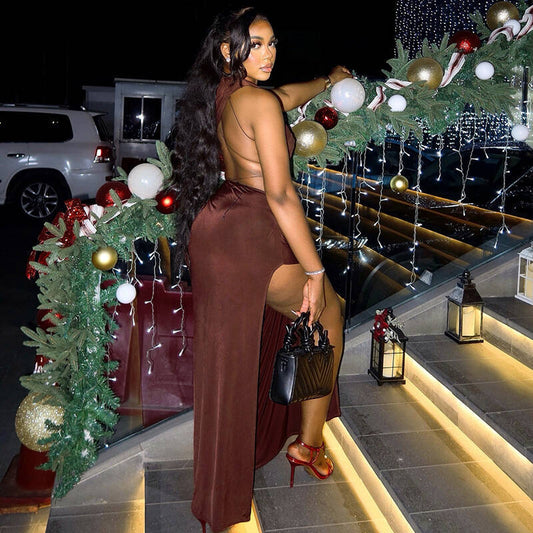 Open Back Slit High Neck Long Dress