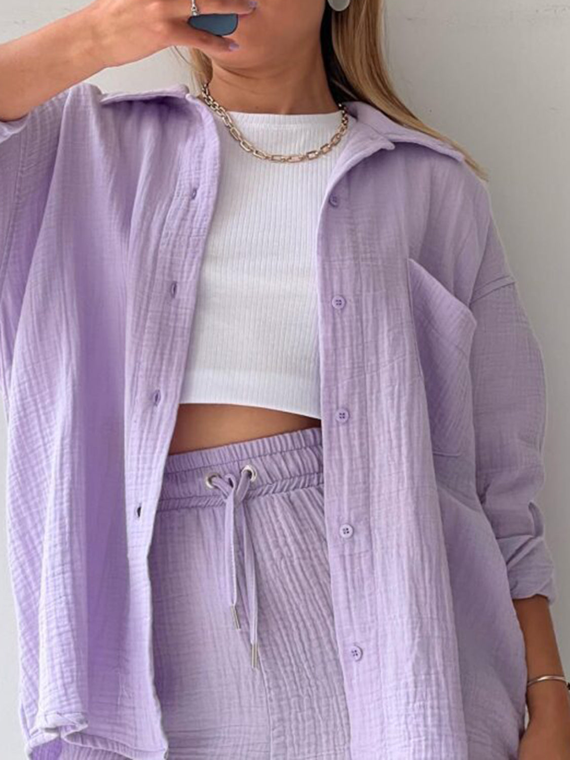 Texture Button Up Shirt and Drawstring Shorts Set - MONLANE