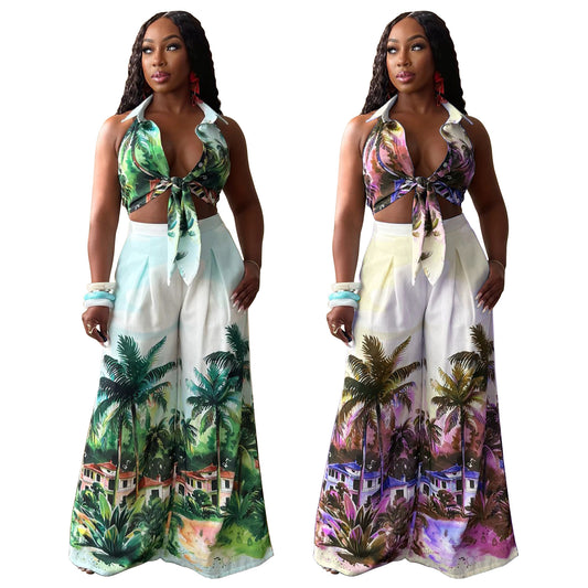 Printed Sleeveless Wide Leg Pants Set