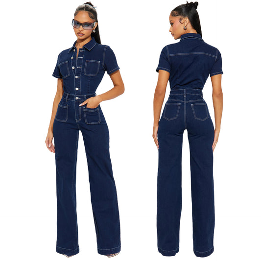 Loose elastic bell denim jumpsuit
