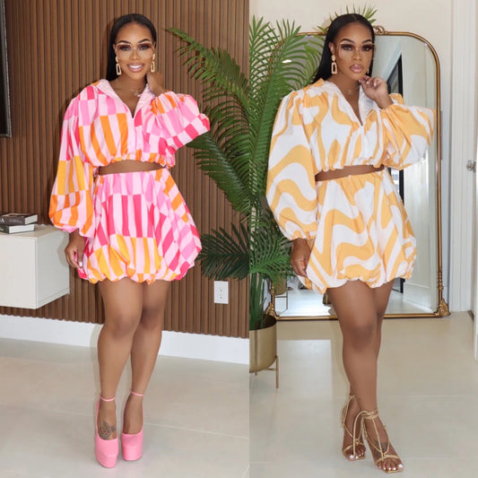 Bubble Sleeve High Waisted Skirt Set