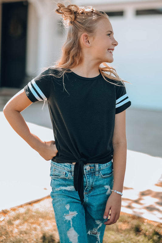 Girls Striped Tie Front T-Shirt - MONLANE