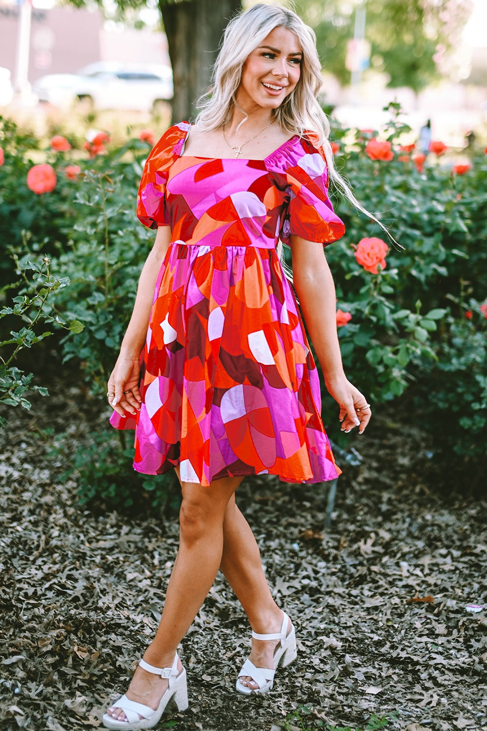 Printed Square Neck Puff Sleeve Dress - MONLANE