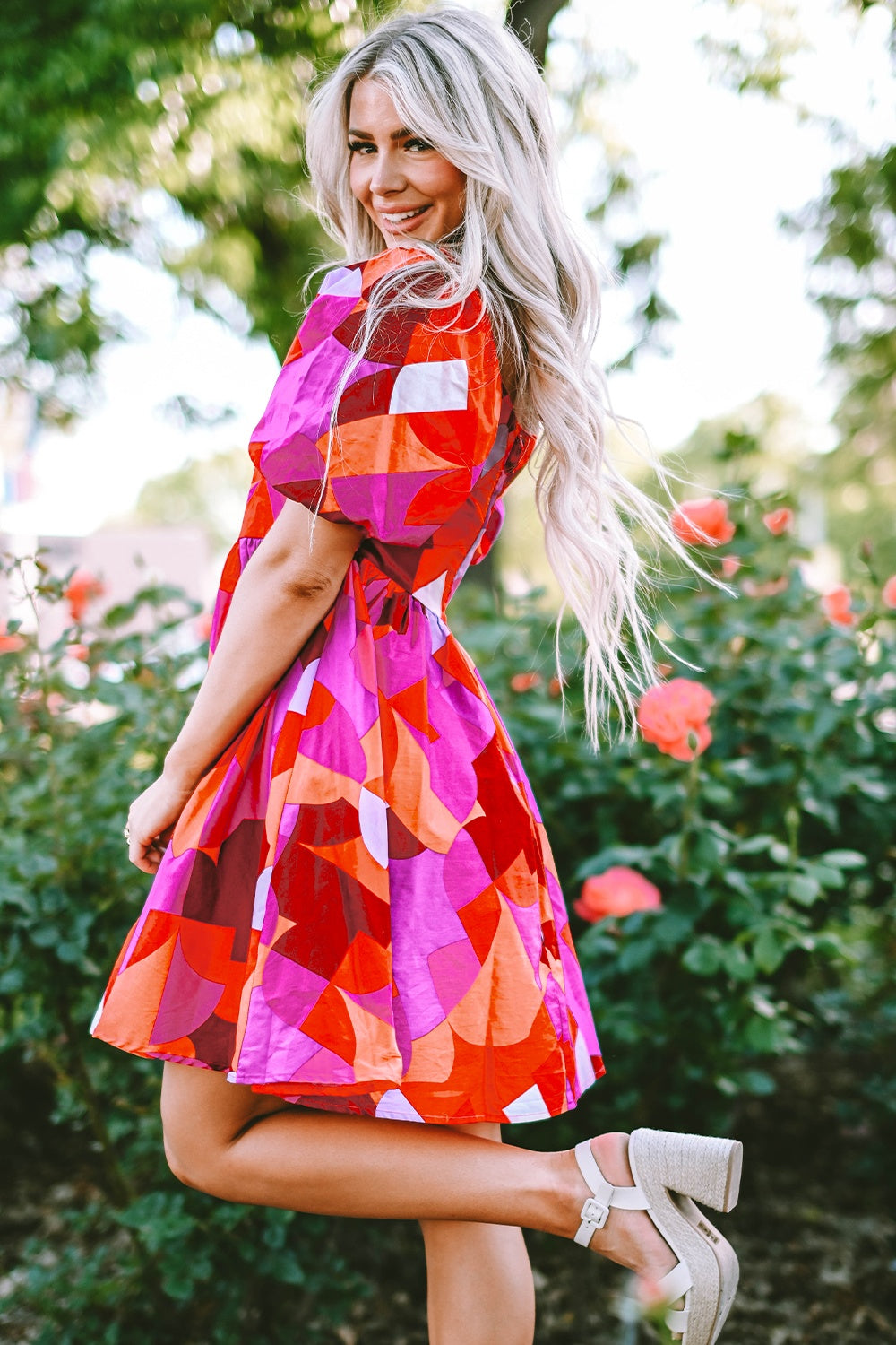 Printed Square Neck Puff Sleeve Dress - MONLANE