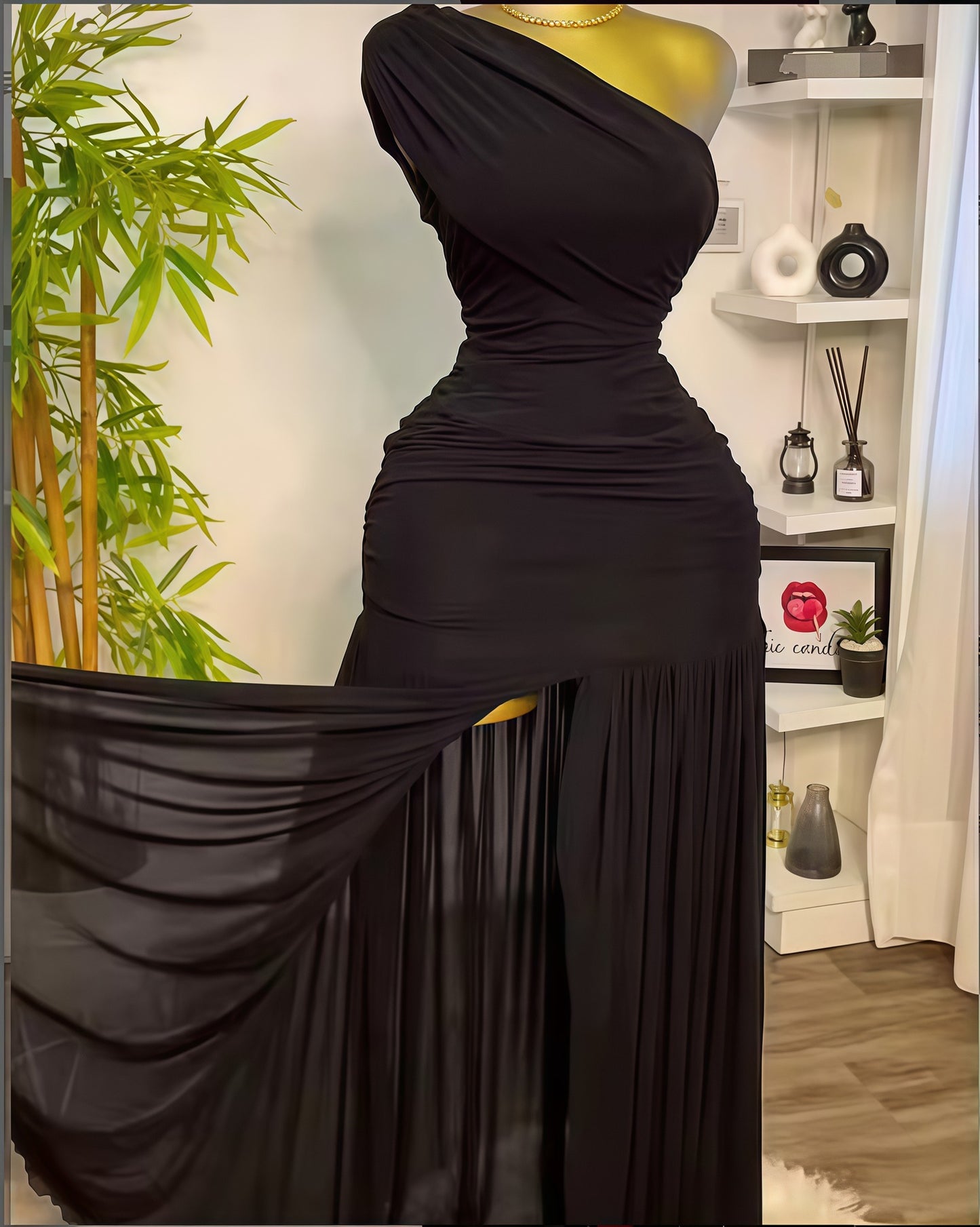 Sleeveless Diagonal Pleated Slit Dress