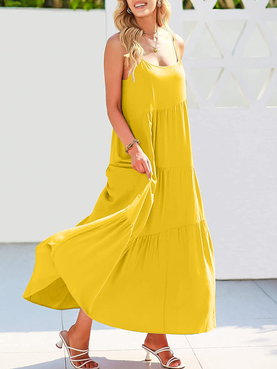 Full Size Ruched Tiered Spaghetti Strap Dress - MONLANE