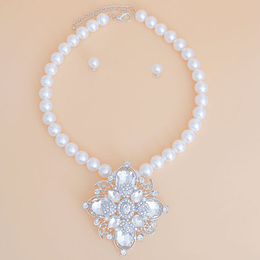 Pearl Necklace White Crystal Pendant Set for Women