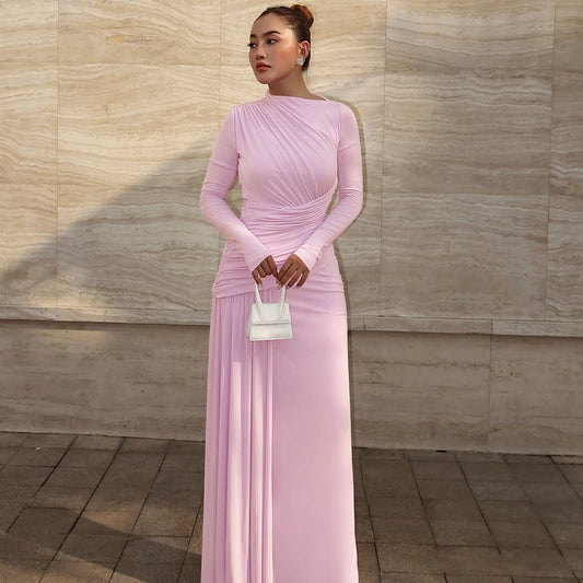 Wrinkled zipper round neck long sleeved dress