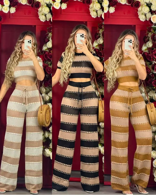 Color Blocking Knitted Striped Set