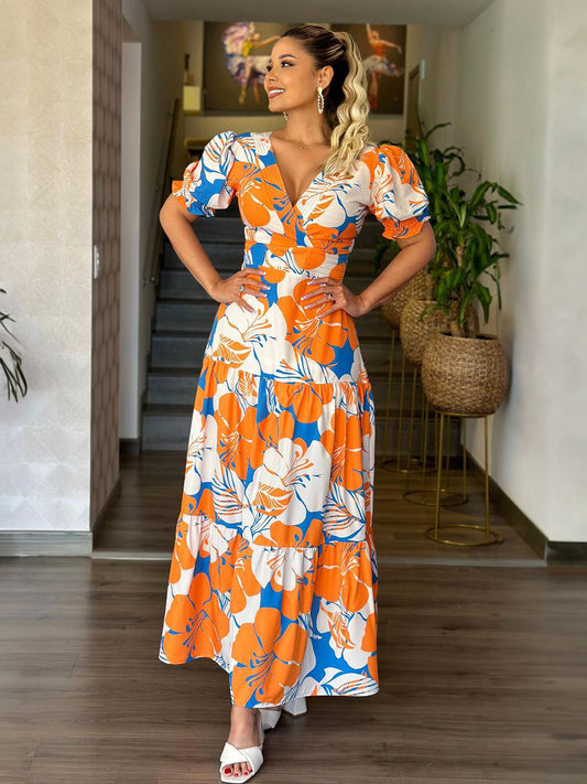 Printed bubble sleeve waist cinching Dress