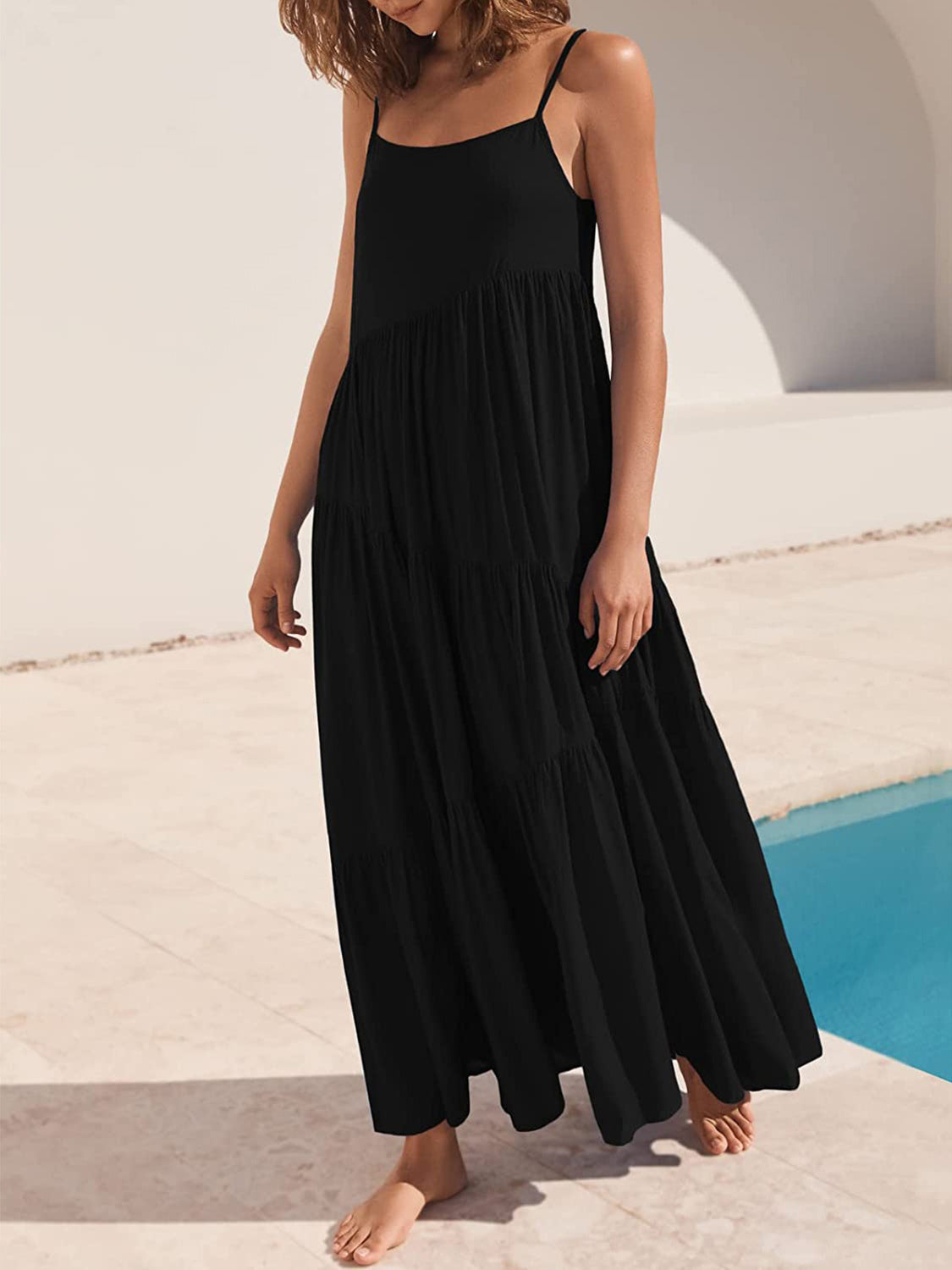 Full Size Ruched Tiered Spaghetti Strap Dress - MONLANE
