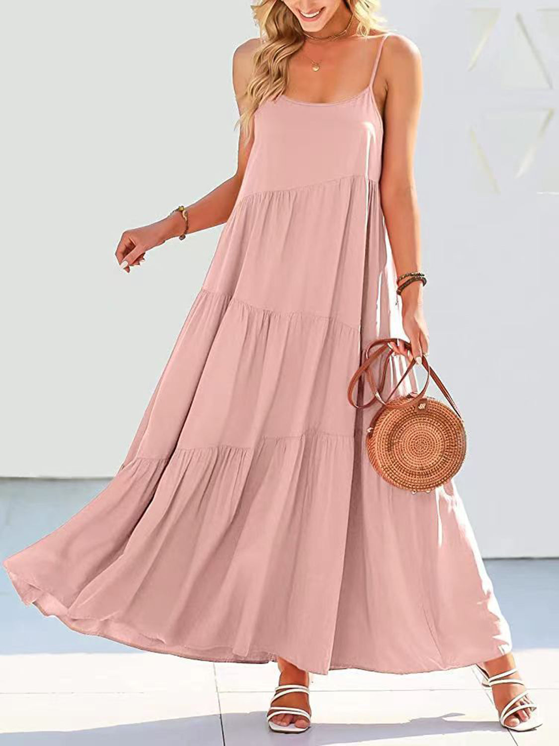 Full Size Ruched Tiered Spaghetti Strap Dress - MONLANE