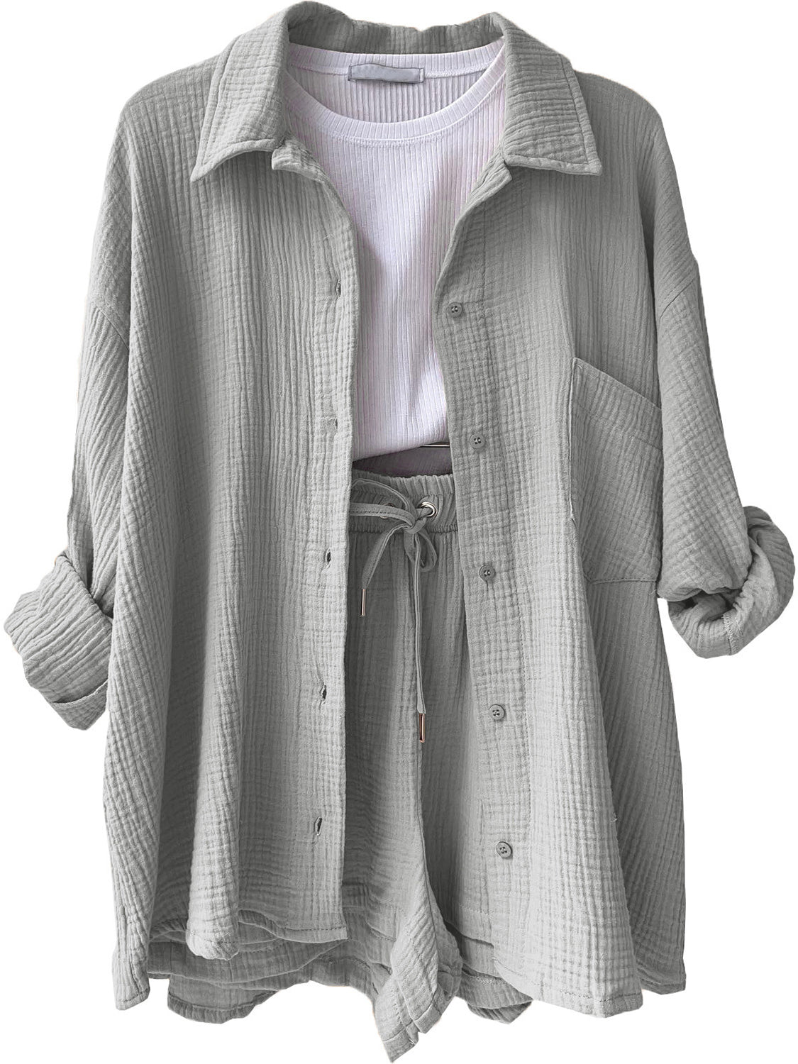 Texture Button Up Shirt and Drawstring Shorts Set - MONLANE