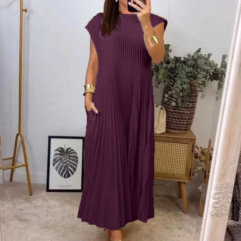 Round neck pleated long dress