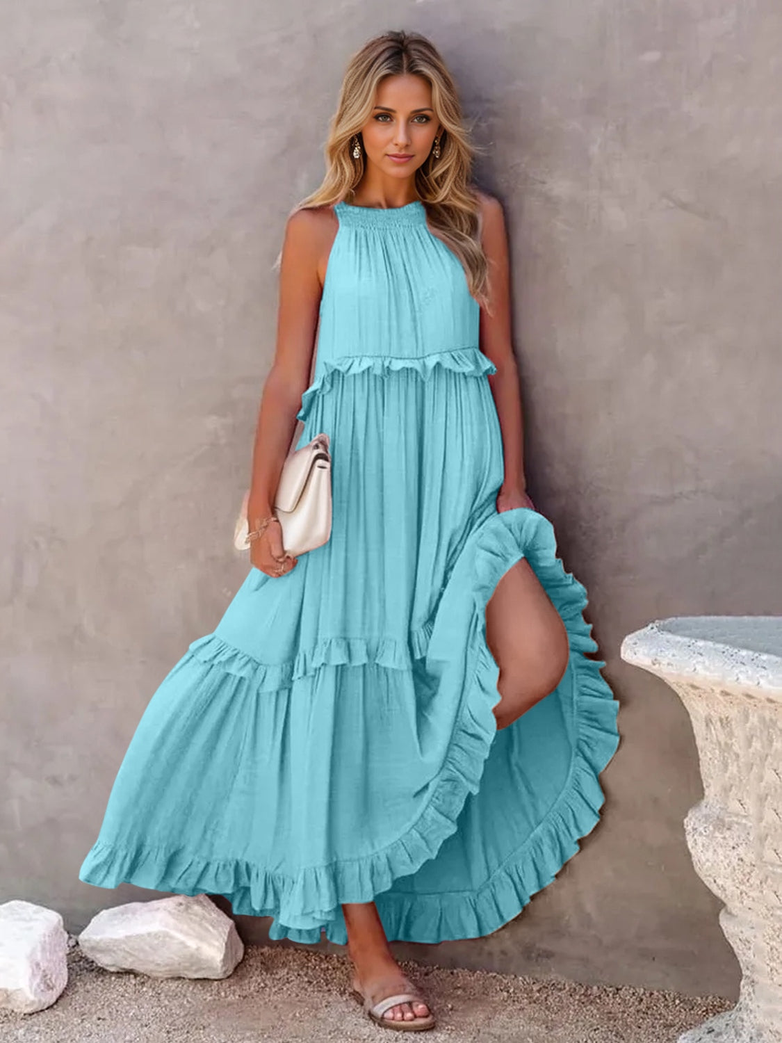 Ruffled Sleeveless Tiered Maxi Dress with Pockets - MONLANE