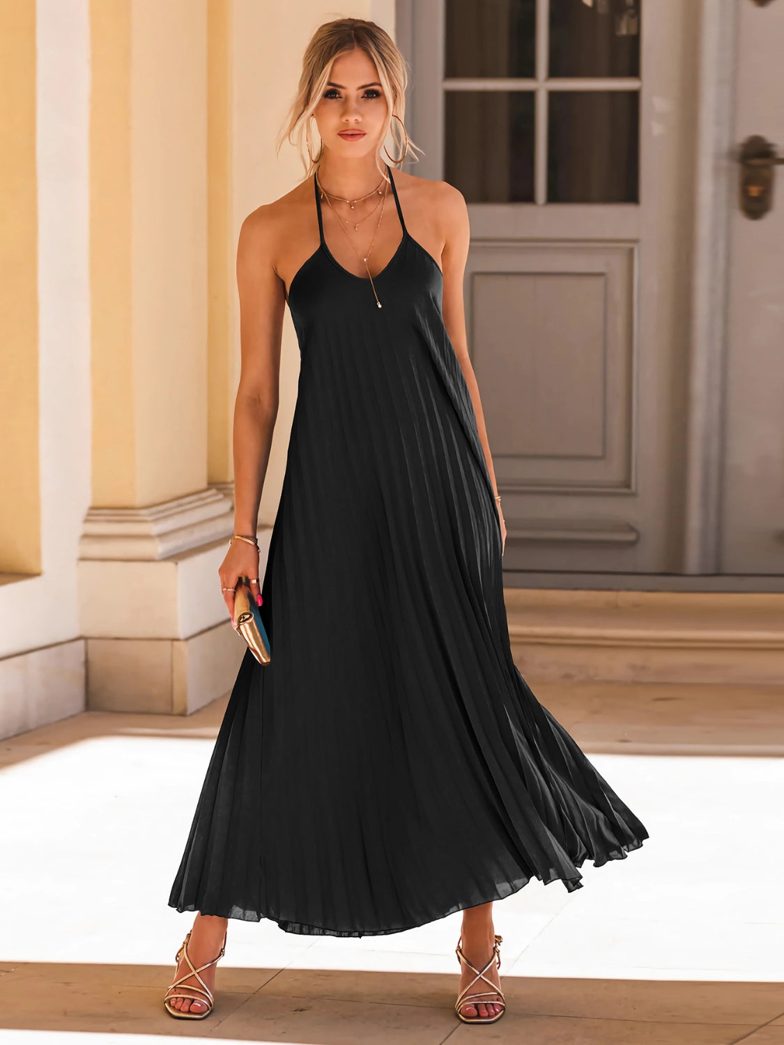 Pleated Halter Neck Sleeveless Dress - MONLANE