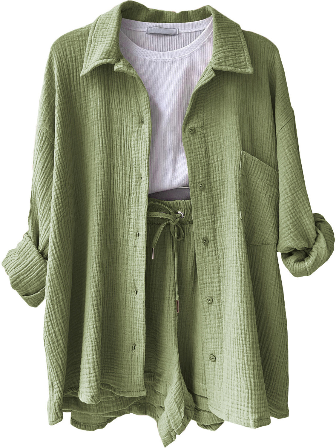 Texture Button Up Shirt and Drawstring Shorts Set - MONLANE