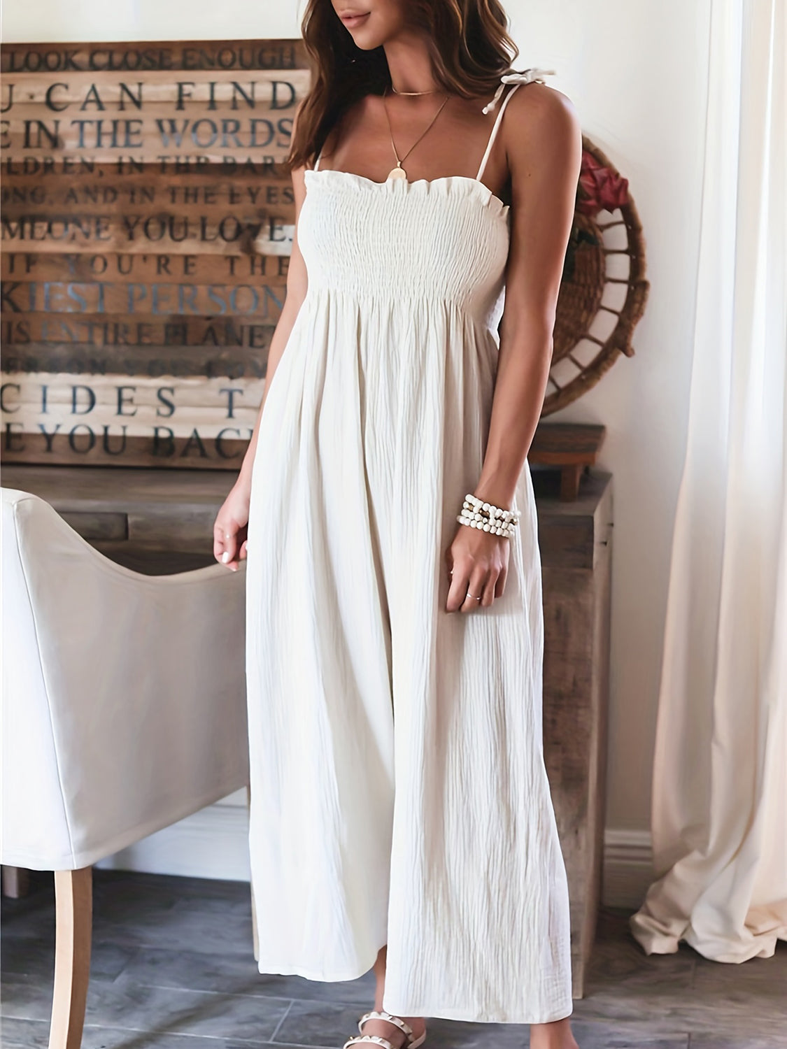 Smocked Spaghetti Strap Wide Leg Jumpsuit - MONLANE