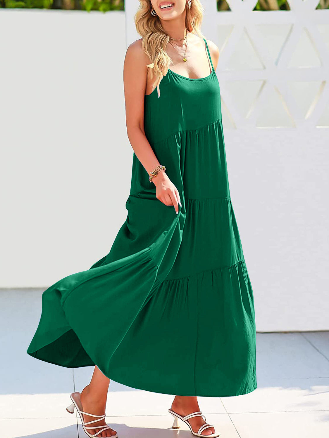 Full Size Ruched Tiered Spaghetti Strap Dress - MONLANE