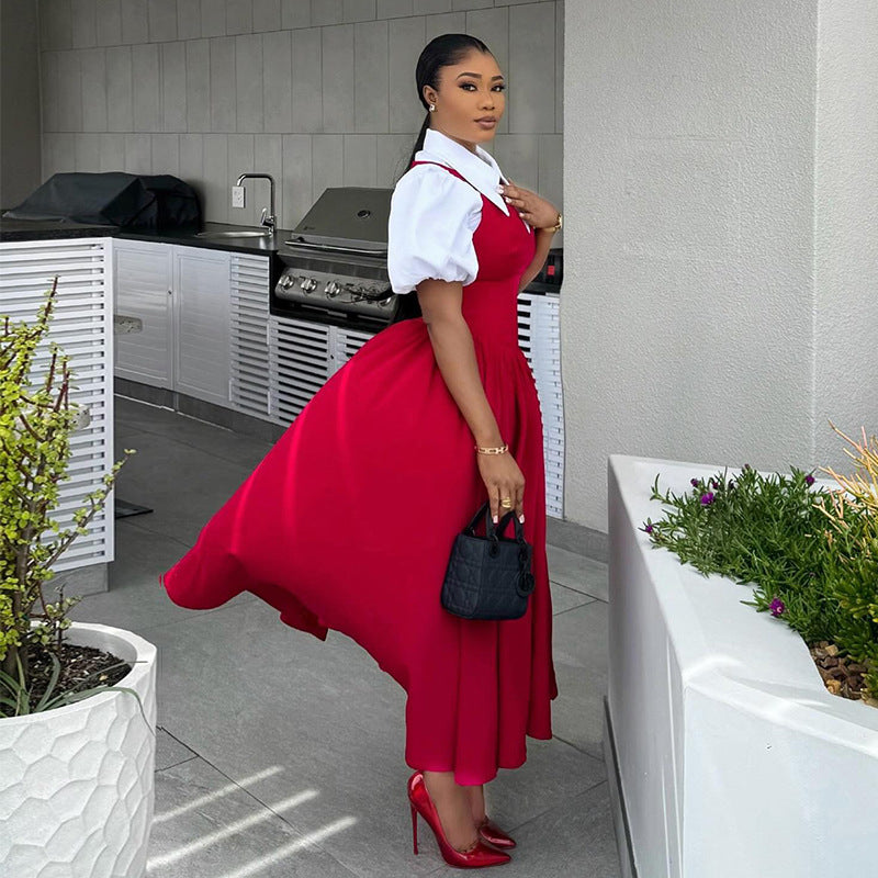 Bubble sleeve shirt collar high waisted dress